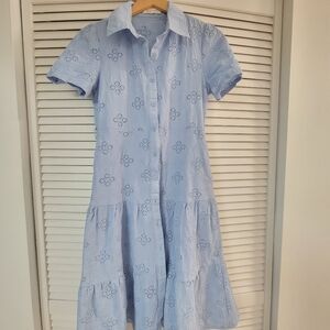 Eyelet Tier Shirt Cotton MIdi Blue Dress Sleeves Pockets